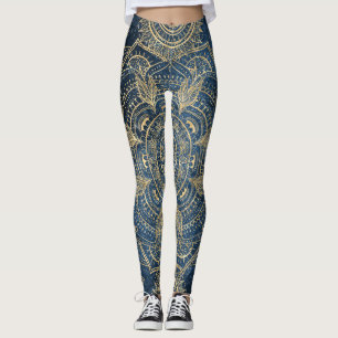 Legging Design elegante Dourado de Mandala Azul