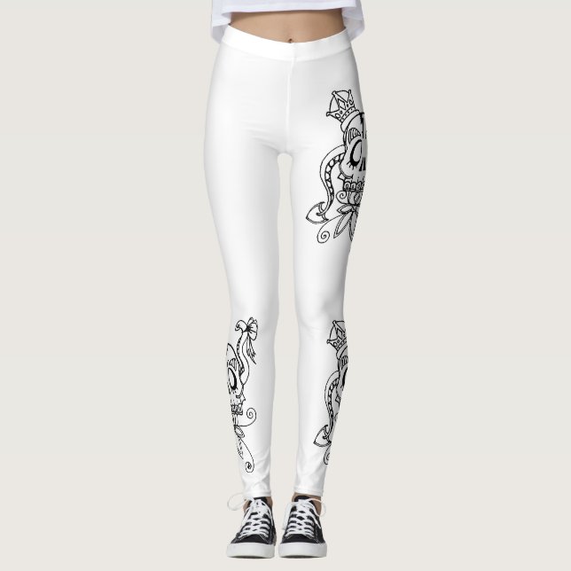 Legging Design exclusivo das caneleiras. Sculls preto e (Frente)