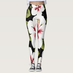 Legging Design Floral de Hibiscus Branco sobre fundo preto