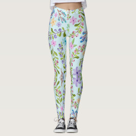 Legging Design floral de Verão com folhas verdes lisas