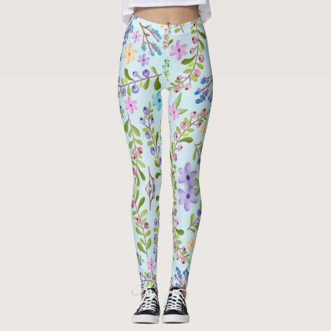 Legging Design floral de Verão com folhas verdes lisas (Frente)
