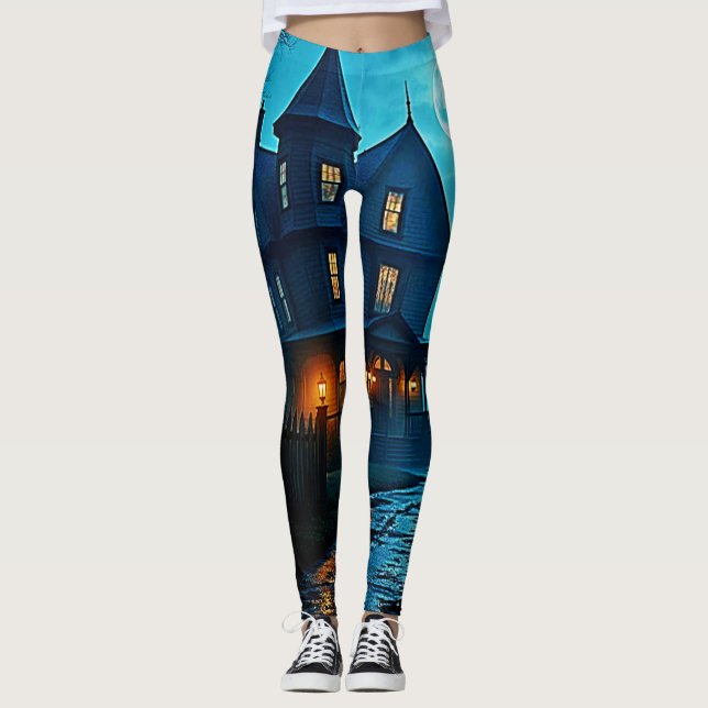 Legging Design Mansão Assombrada sob Luz de Lua Azul (Frente)