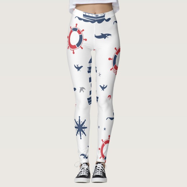 Legging Design náutica azul, branco e vermelho (Frente)