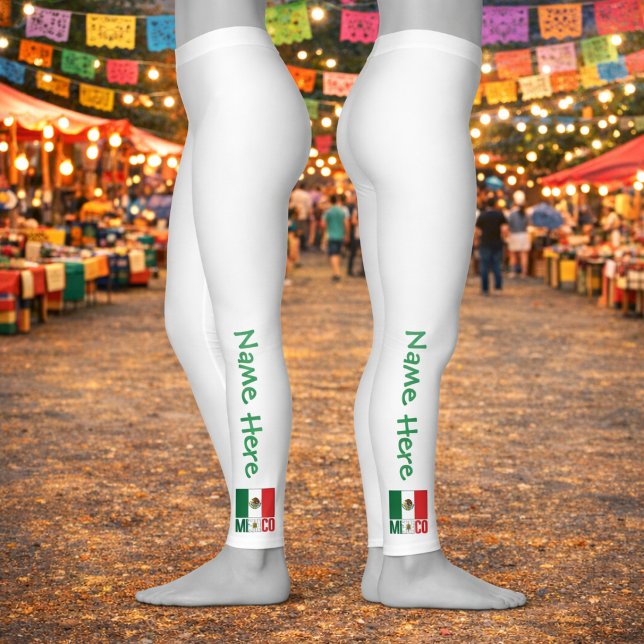 Legging Design Personalizado de Nome com a Bandeira do Méx (White leggings with vertical Name and Mexico flag design on both sides, festive background.)