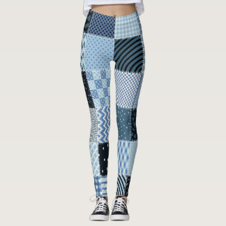 Legging Design, retalhos geométricos, tons azuis.