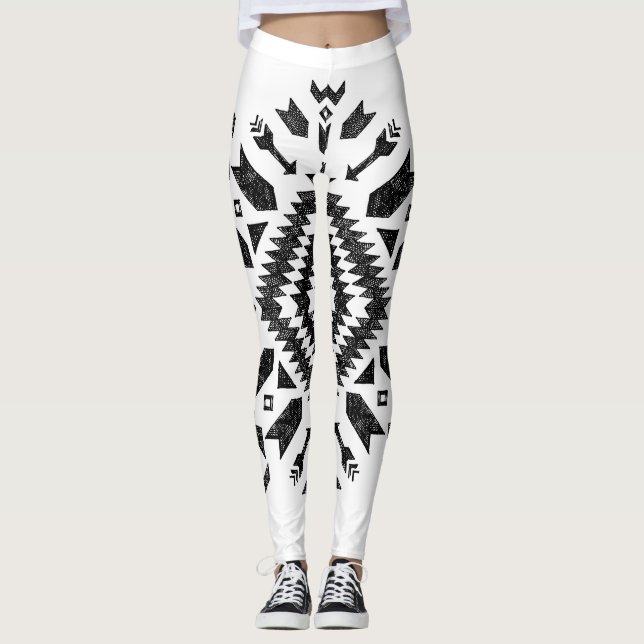 Legging Design Tribal: Preto Branco Desenho-Mão (Frente)
