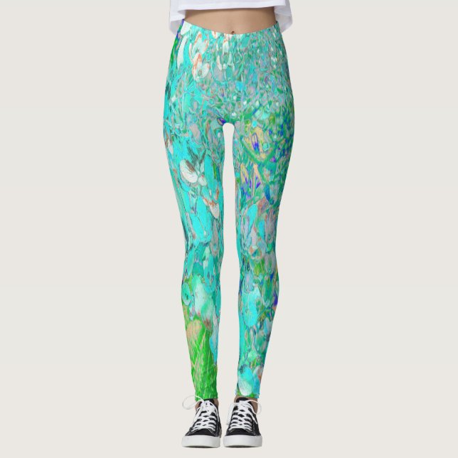 Legging Detalhe de Aqua Elegante e Hydrangea de luz verde (Frente)