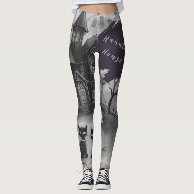 Legging Dia das Bruxas, Casa Assombrada, Gato Preto (Frente)