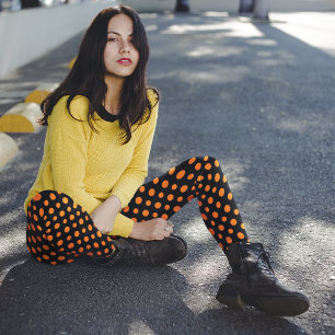 Legging Dia das Bruxas de Padrão de Bolinhas Laranja e Neg