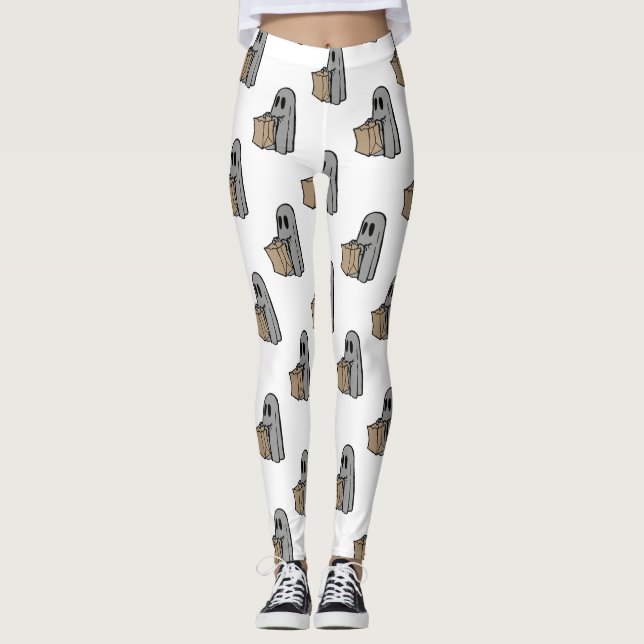 Legging Dia das Bruxas, Fantasma Cinza Fofo, Doce ou Trave (Frente)