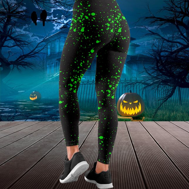Legging Dia das Bruxas Tóxicas do Oze Negro e Verde (Black & Green Splatter Ooze Halloween Leggings)