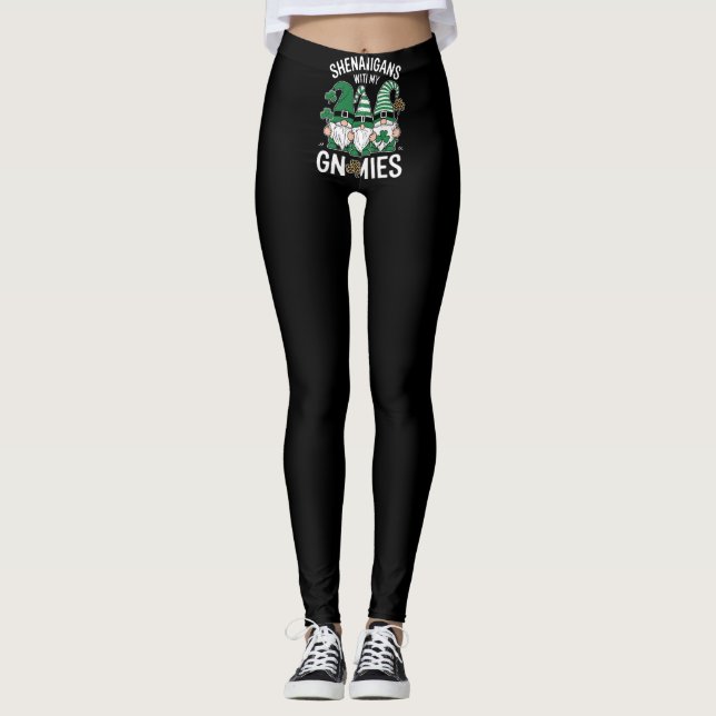Legging Dia de São Patrício Lucky Shamrock Leopard Gnomos (Frente)