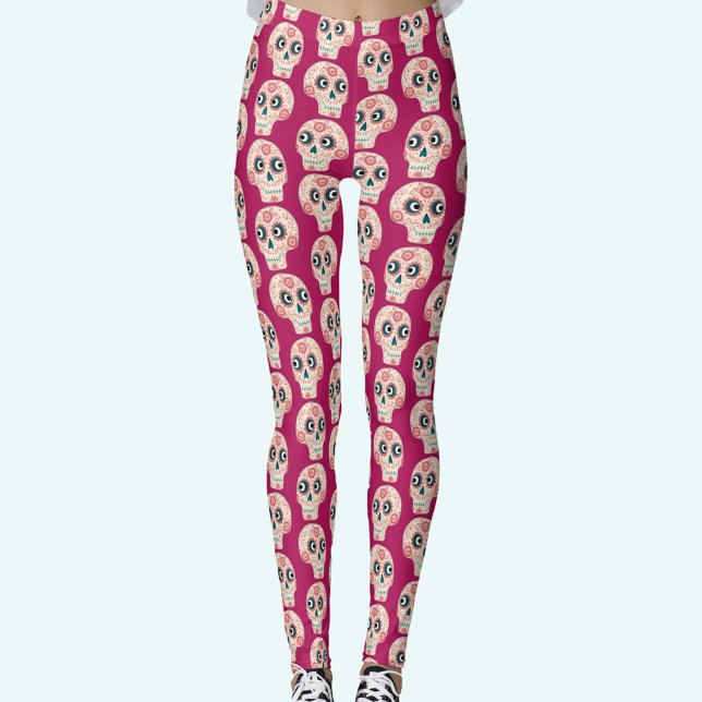 Legging Dia do Crânio do Manteiga Magenta Morto (Pink Sugar Skull Day of the Dead leggings)