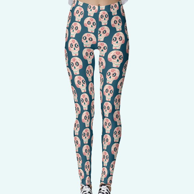Legging Dia do Crânio do Verde Escuro Morto (Teal green Sugar Skull Day of the Dead leggings)