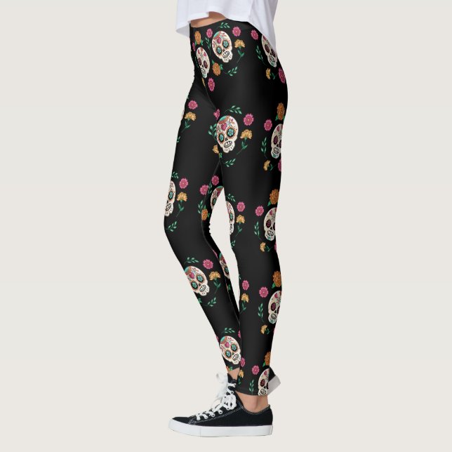 Legging Dia dos Mortos Crânios de Açúcar e Flores Preto (Esquerda)