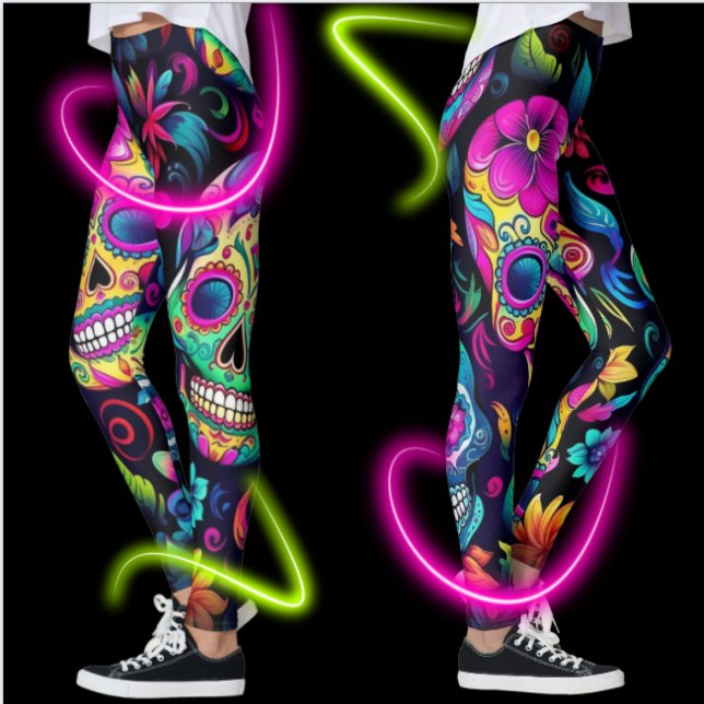 Legging Dia dos Peles de Açúcar Neon Mortos (Bold sugar skulls on leggings for your holiday and winter festivities.  Statement making!)