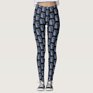 Legging Dia preto floral azul do crânio do açúcar do mo