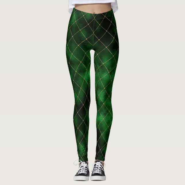 Legging Diamantes Elegantes em Verde e Dourado (Frente)
