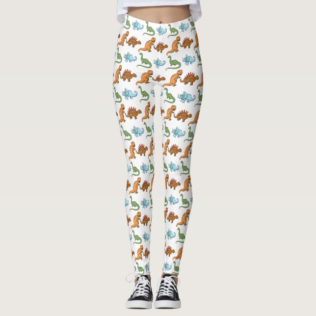 Legging Dinossauros Ilustrados Fofos em Branco Padrão (Frente)