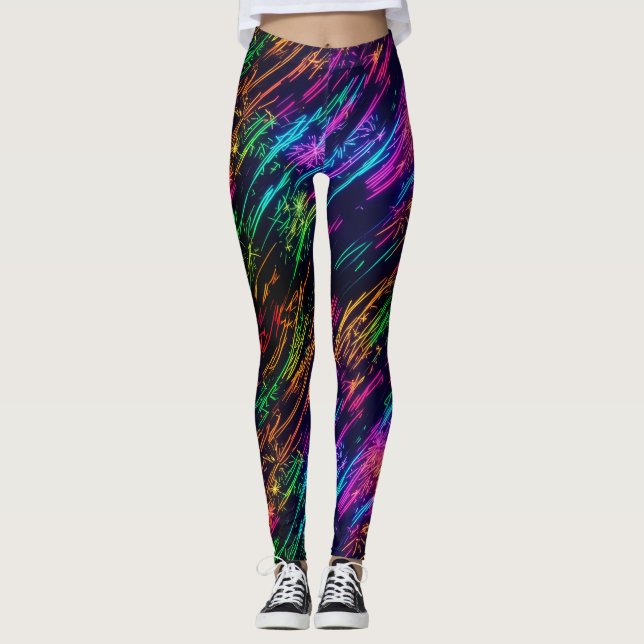 Legging Diversão Neon Colorido Fogos de Artifício Laser Fe (Frente)