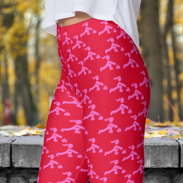 Legging Doce Vermelho e Rosa Divertido Padrões de Curling (Womens Curling on Candy Apple Red Leggings)
