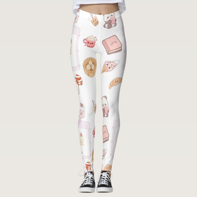 Legging Doces Tratamentos Kawaii Rosa Fofo Design de Sobre (Frente)