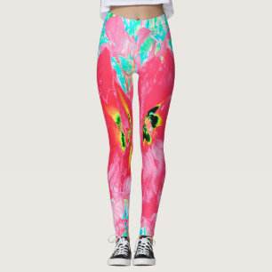 Legging Dois Hibiscus Louco de Coral Vermelho Rosado em Aq