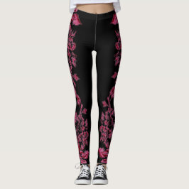 Legging Double Hibiscus  Pink on Black 