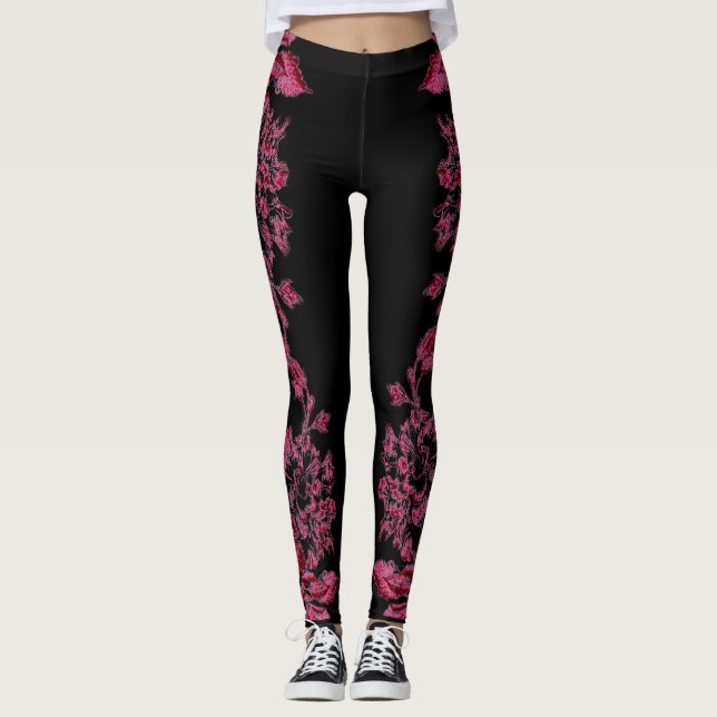 Legging Double Hibiscus  Pink on Black  (Frente)