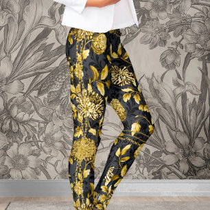 Legging Dourada Cadeia Floral Preta Sobre Damasco Preto