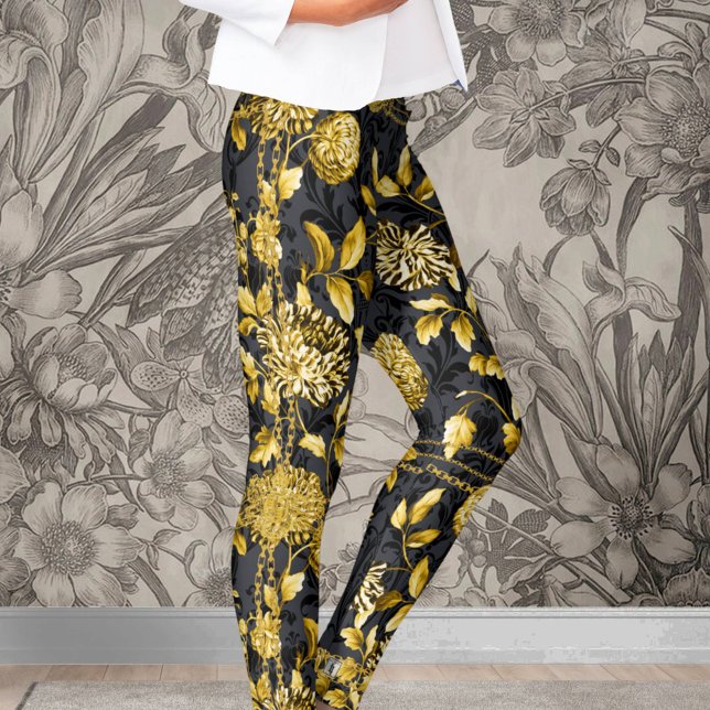 Legging Dourada Cadeia Floral Preta Sobre Damasco Preto (Criador carregado)