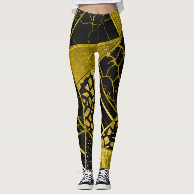 Legging Dourada ilusão de textura do triângulo preto (Frente)