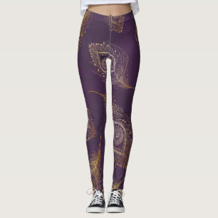 Legging Dourada pena de pavão, fundo violeta.