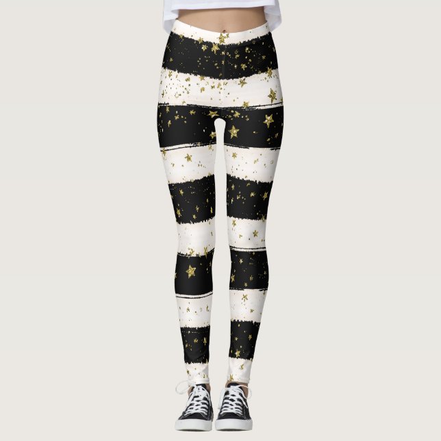 Legging Douradas estrelas Black and White Stripes (Frente)