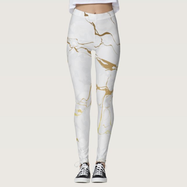 Legging Dourado Metálico E Branco Marmoreado (Frente)