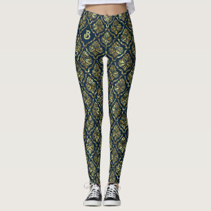 Legging Dourado padrão das válvulas de vintagem em azul es