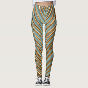 Legging Dourado Pintado Padrão de Palma Tropical