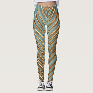 Legging Dourado Pintado Padrão de Palma Tropical