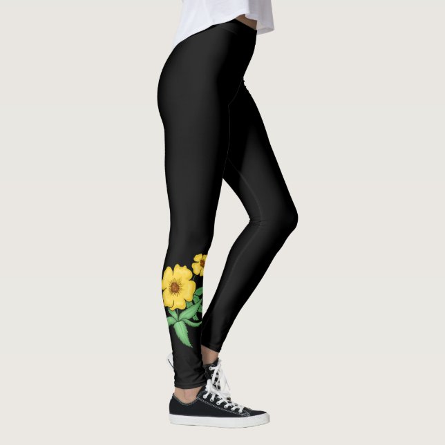 Legging Duas Flores Amarelas Design ~ Fundo Preto ~ (Direita)