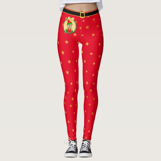 Legging duende de Natal, grinalda de pinheiro & estrelas e (Frente)