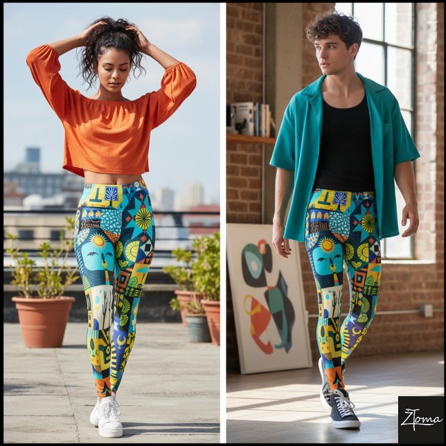 Legging Electric Blue Yellow Folk Art Quilt (Criador carregado)