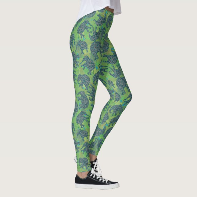 Legging Elefantes de Paisley Cute em Folha de Fundo Verde (Direita)