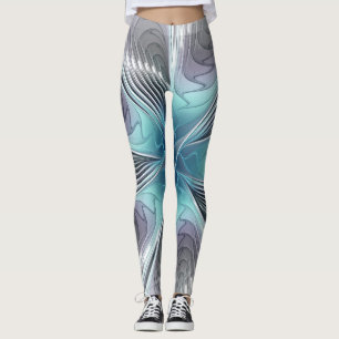 Legging Elegance Modern Blue Cinza White Fractal Art Flowe