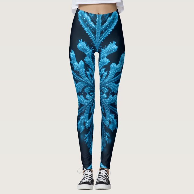 Legging Elegância Congelada: Floco de Neve Azul Intriciado (Frente)