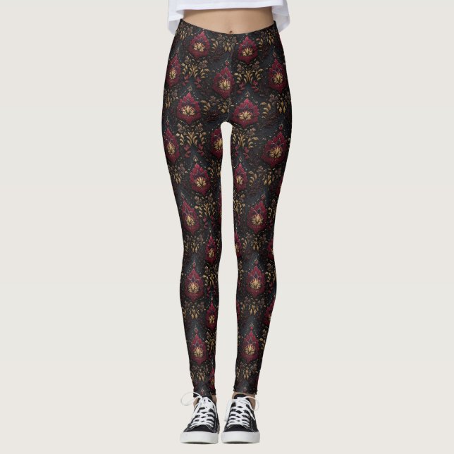 Legging Elegância Dourada de Damasco Borgonha (Frente)