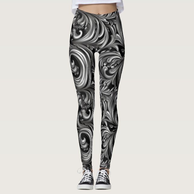 Legging Elegância líquida - Padrão líquido preto metálico (Frente)
