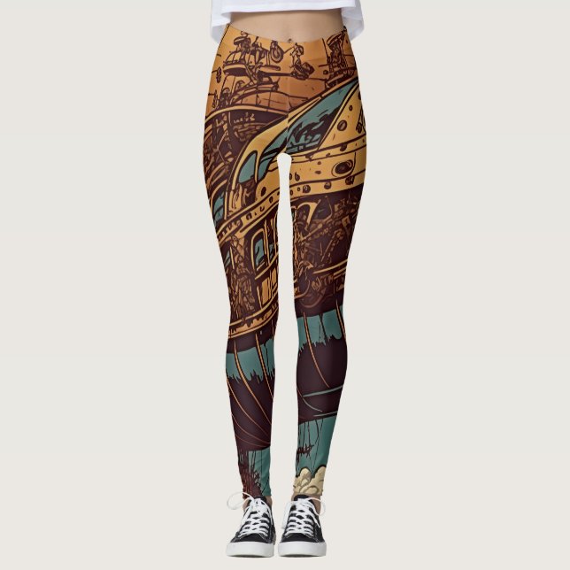 Legging Elegância Vintage: Aventura com Navio Steampunk (Frente)