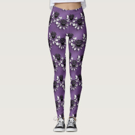 Legging Elegant Black Roses With Silver Leaves