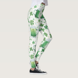Legging Elegant Green Beer Mugs and Shamrocks White