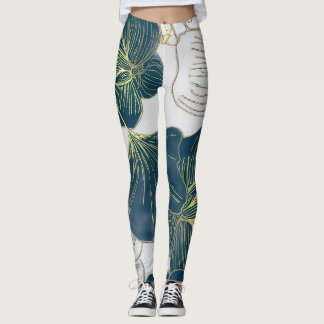 Legging Elegant Leaves of Blue With Gold Lines Botanical